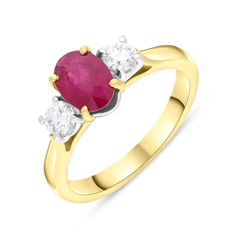 18ct Yellow Gold Ruby Diamond Oval Cut Three Stone Ring sold by Jura Watches