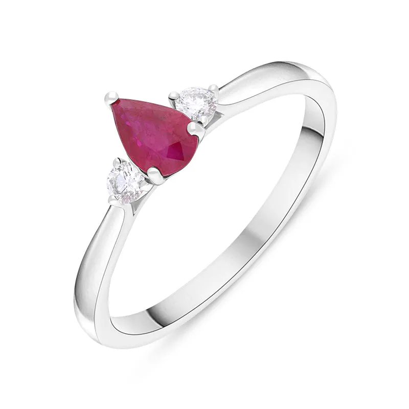 18ct White Gold Ruby Diamond Pear Cut Three Stone Ring sold by Jura Watches