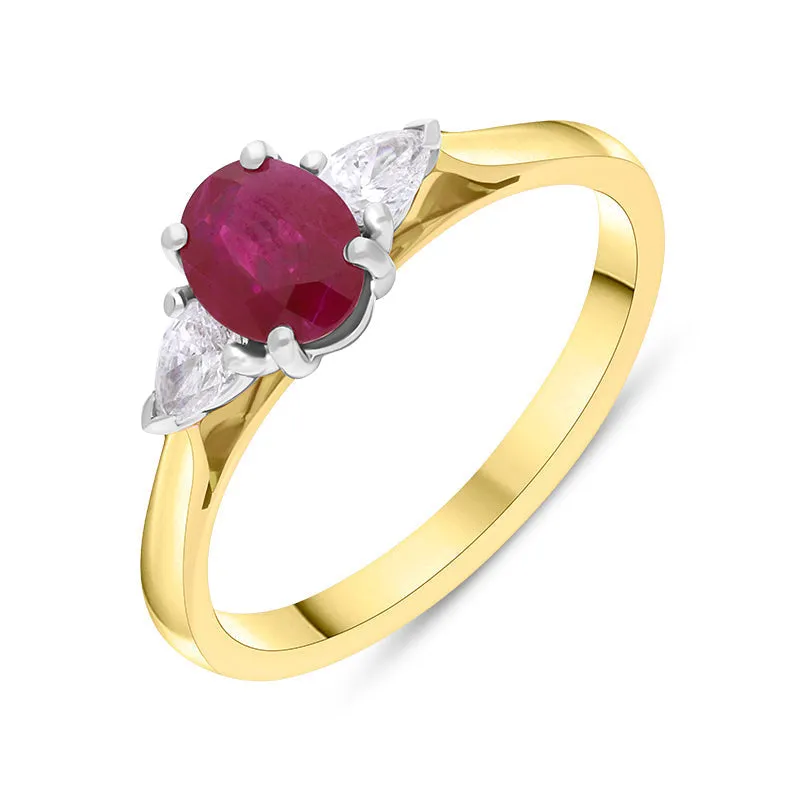 18ct Yellow Gold Ruby Diamond Oval Cut Three Stone Ring sold by Jura Watches