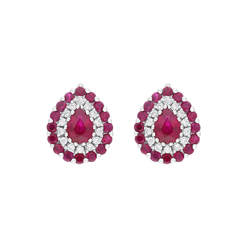 18ct White Gold Ruby Diamond Surround Teardrop Stud Earrings sold by Jura Watches
