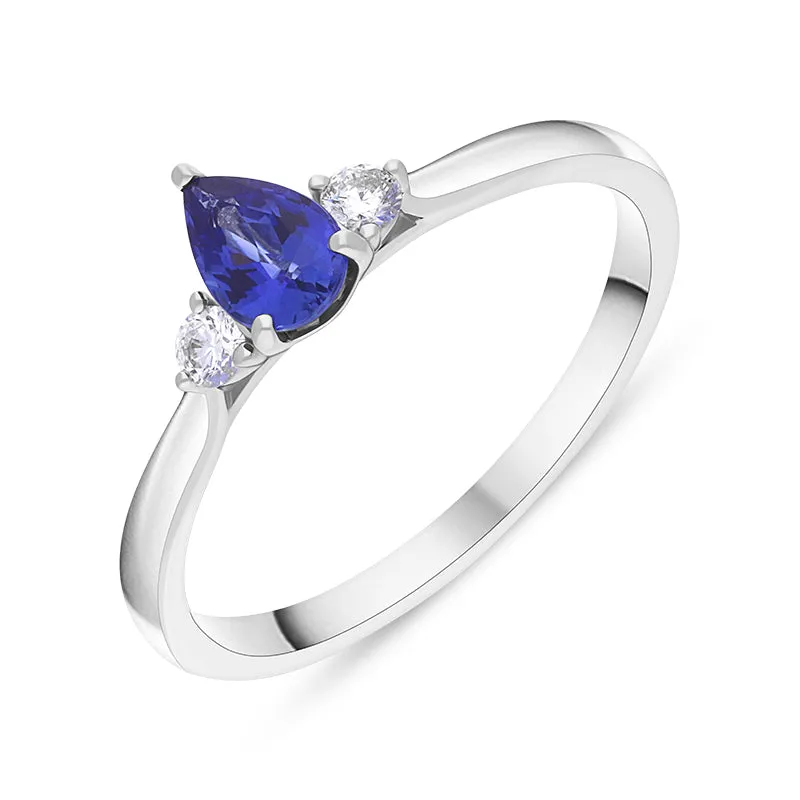 18ct White Gold Sapphire Diamond Pear Cut Three Stone Ring sold by Jura Watches