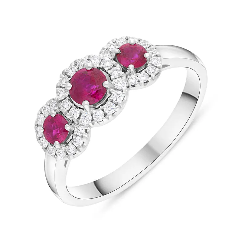 18ct White Gold Ruby Diamond Round Cut Three Stone Cluster Ring sold by Jura Watches
