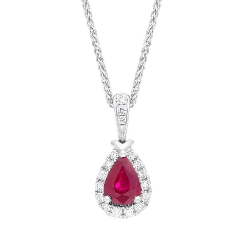 18ct White Gold 0.79ct Ruby 0.19ct Diamond Cluster Pear Pendant sold by Jura Watches