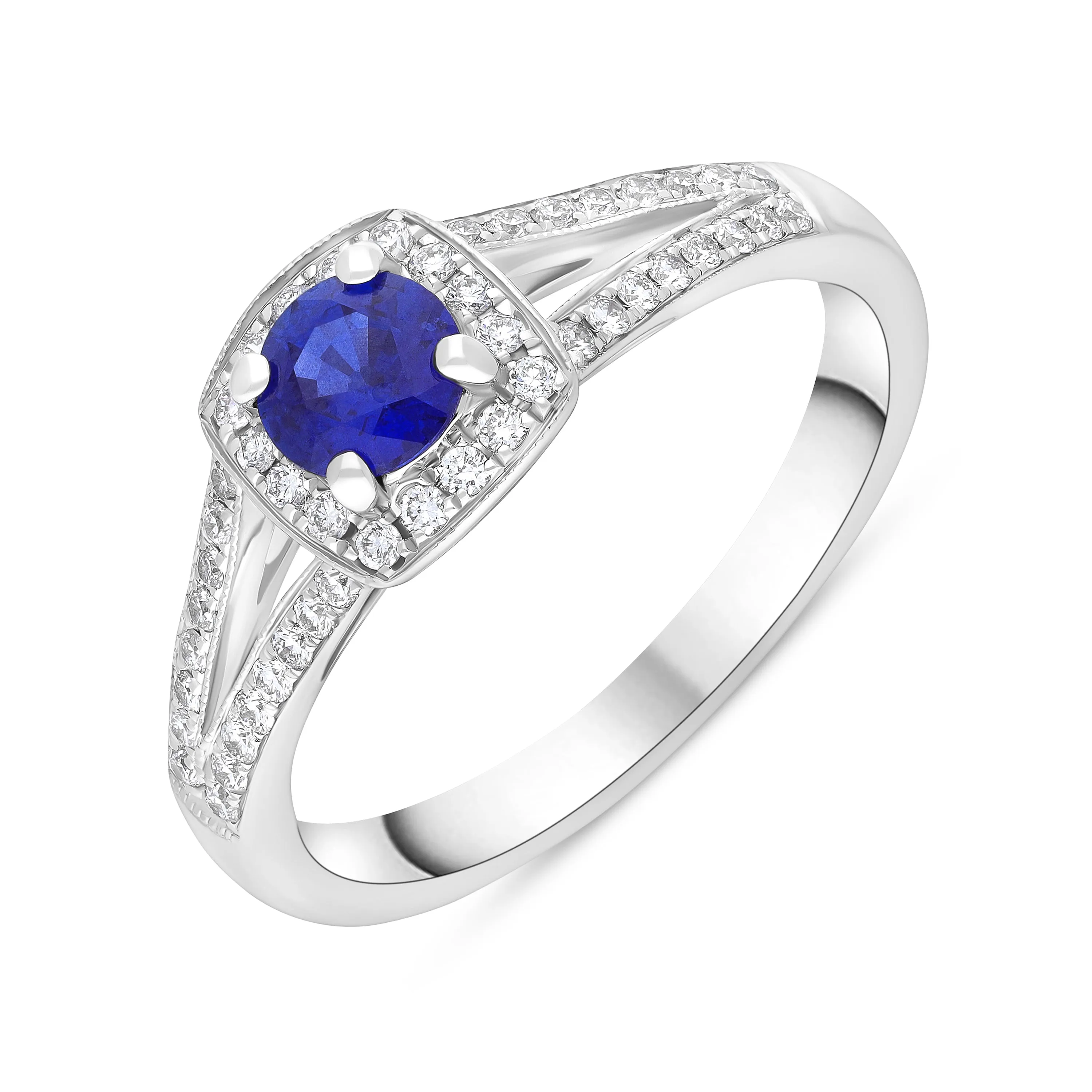 18ct White Gold 0.50ct Sapphire 0.25ct Diamond Cushion Cut Cluster Ring sold by Jura Watches