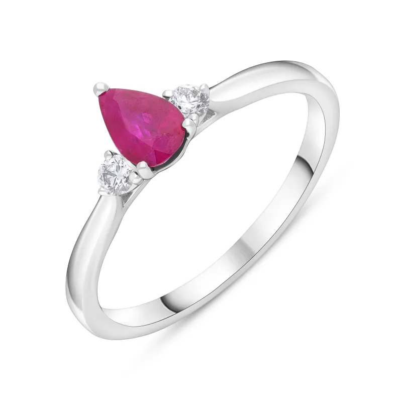 18ct White Gold 0.48ct Ruby 0.10ct Diamond Pear Cut Three Stone Ring sold by Jura Watches