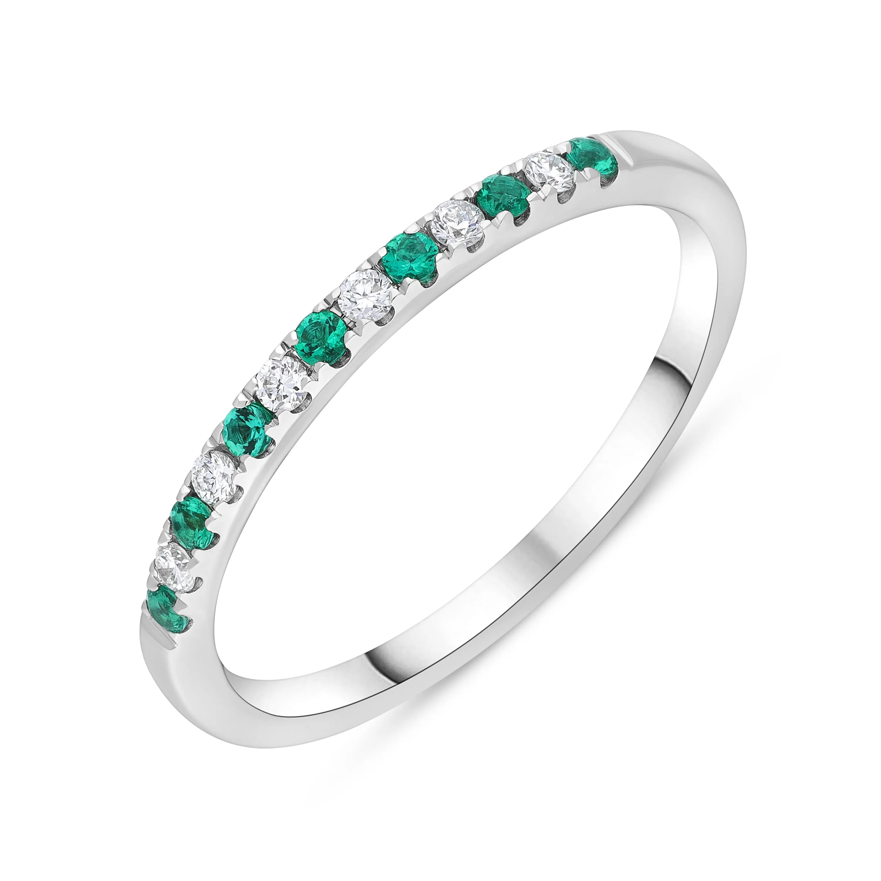 18ct White Gold 0.09ct Emerald 0.08ct Diamond Castle Half Set Eternity Ring sold by Jura Watches