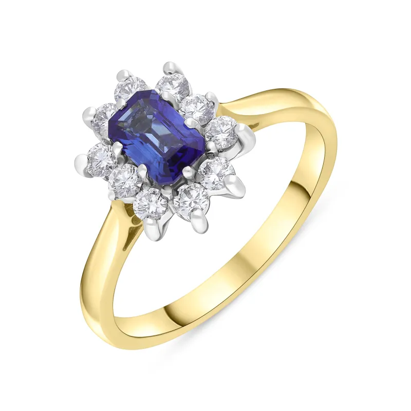 18ct Yellow Gold 0.62ct Sapphire 0.37ct Diamond Emerald Cut Cluster Ring sold by Jura Watches