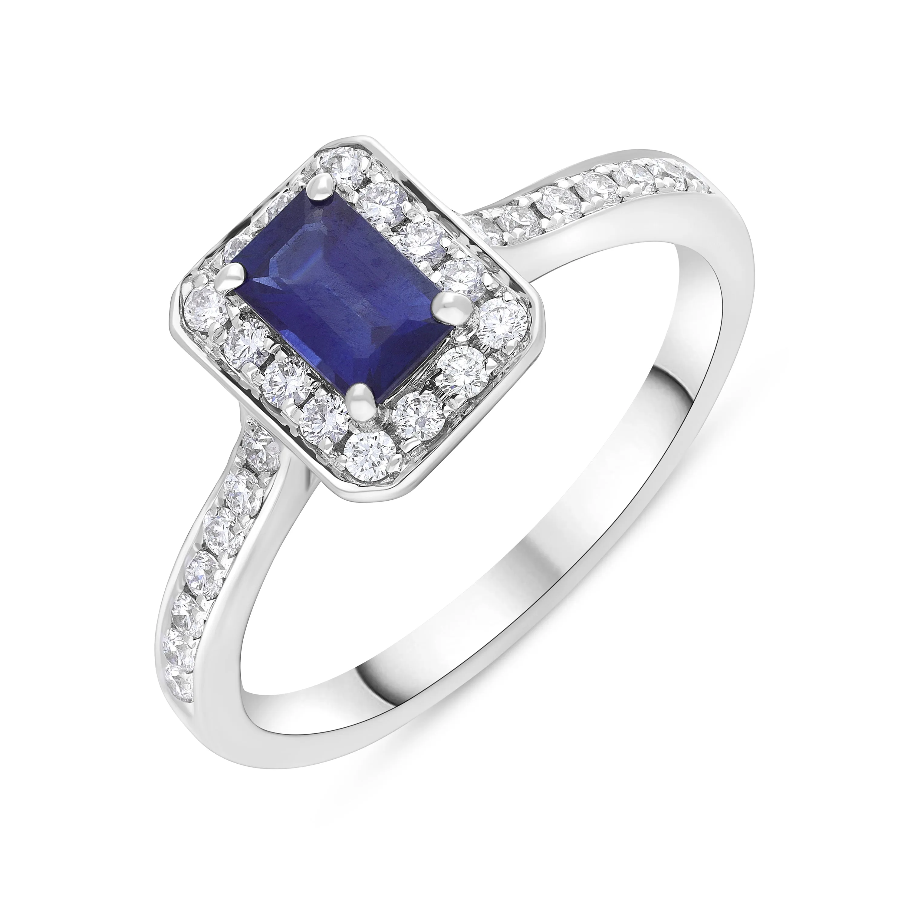 18ct White Gold 0.61ct Sapphire 0.32ct Diamond Emerald Cut Pave Cluster Ring sold by Jura Watches