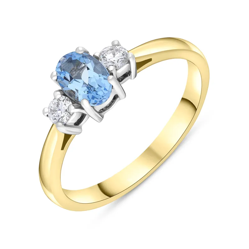 18ct Yellow Gold 0.47ct Aquamarine 0.14ct Diamond Three Stone Ring sold by Jura Watches