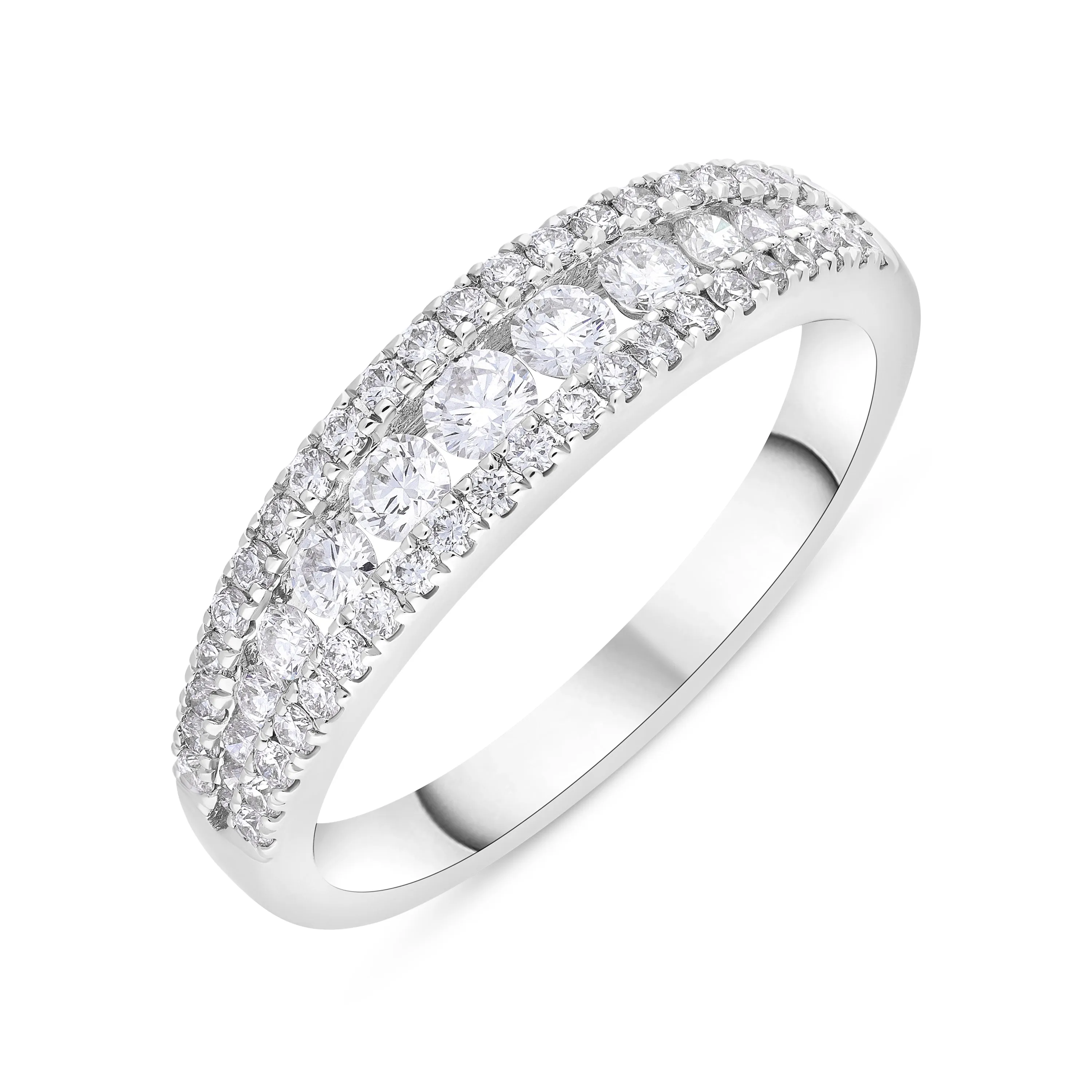 18ct White Gold 0.77ct Diamond Three Row Claw Set Graduating Ring sold by Jura Watches