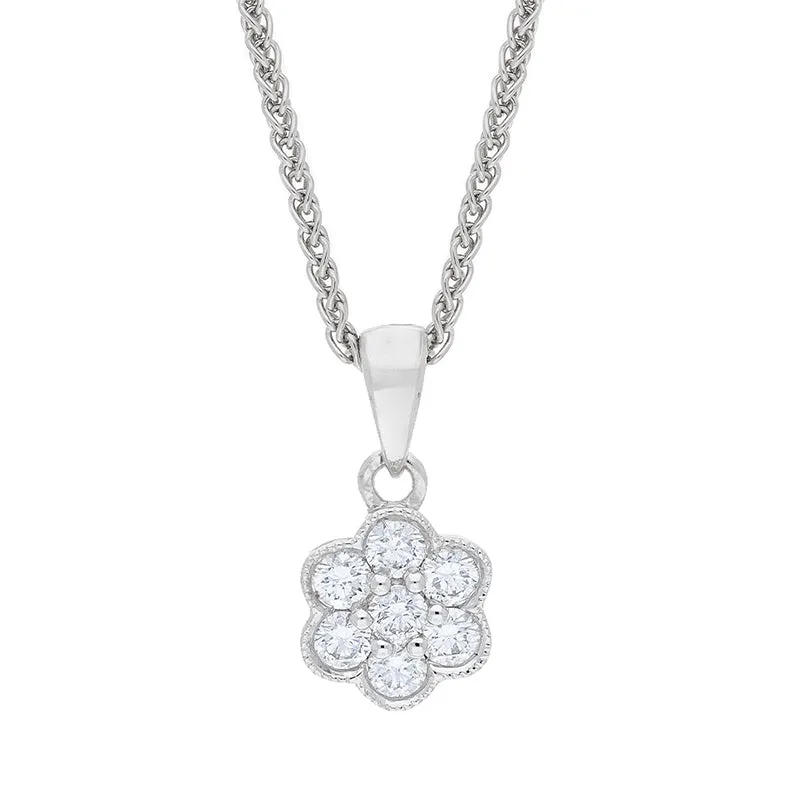 18ct White Gold 0.24ct Diamond Millgrain Cluster Pendant and Chain sold by Jura Watches
