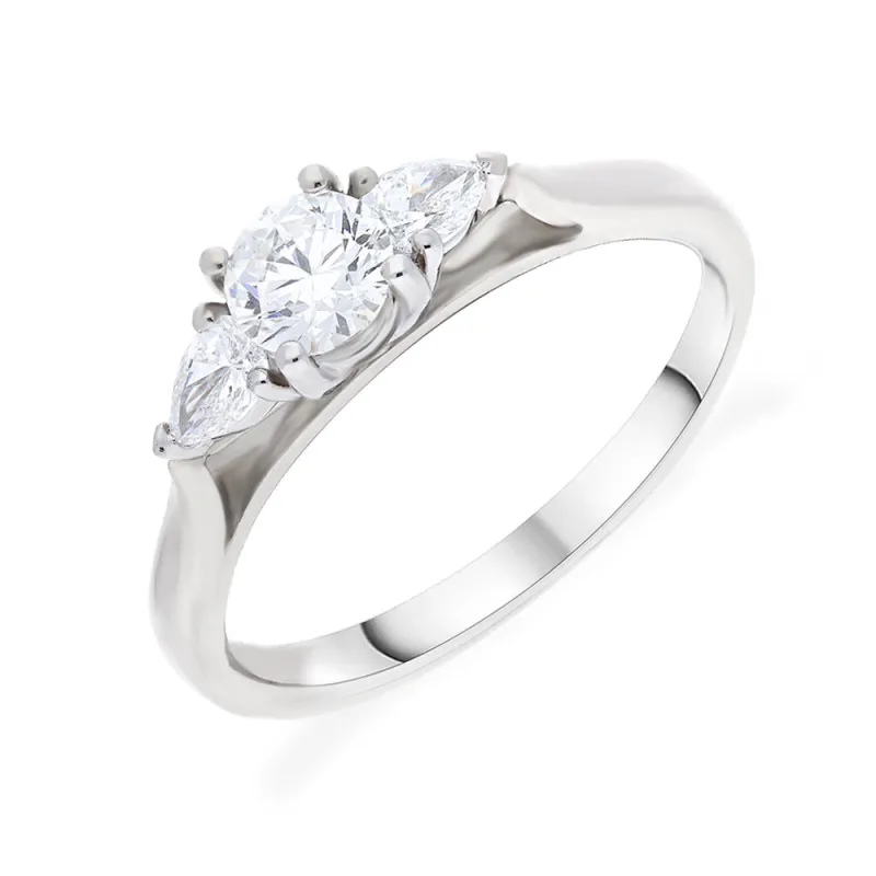 Platinum 0.40ct Diamond & 0.22ct Diamond Round and Pear Cut Trilogy Ring sold by Jura Watches