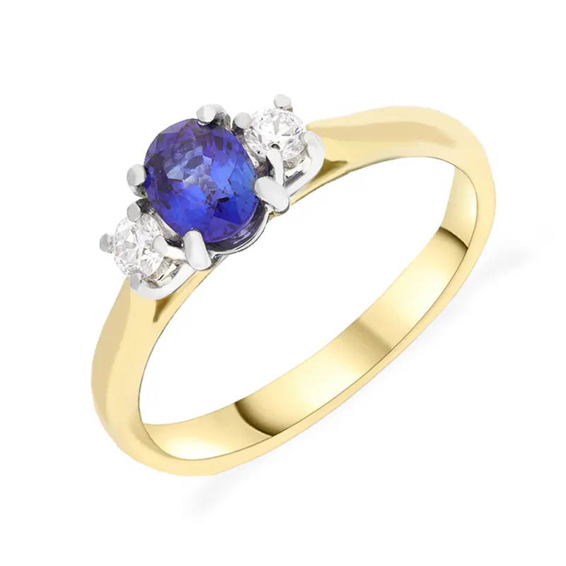 18ct Yellow Gold 0.14ct Diamond & 0.60 Sapphire 3 Stone Oval and Round Cut Ring sold by Jura Watches