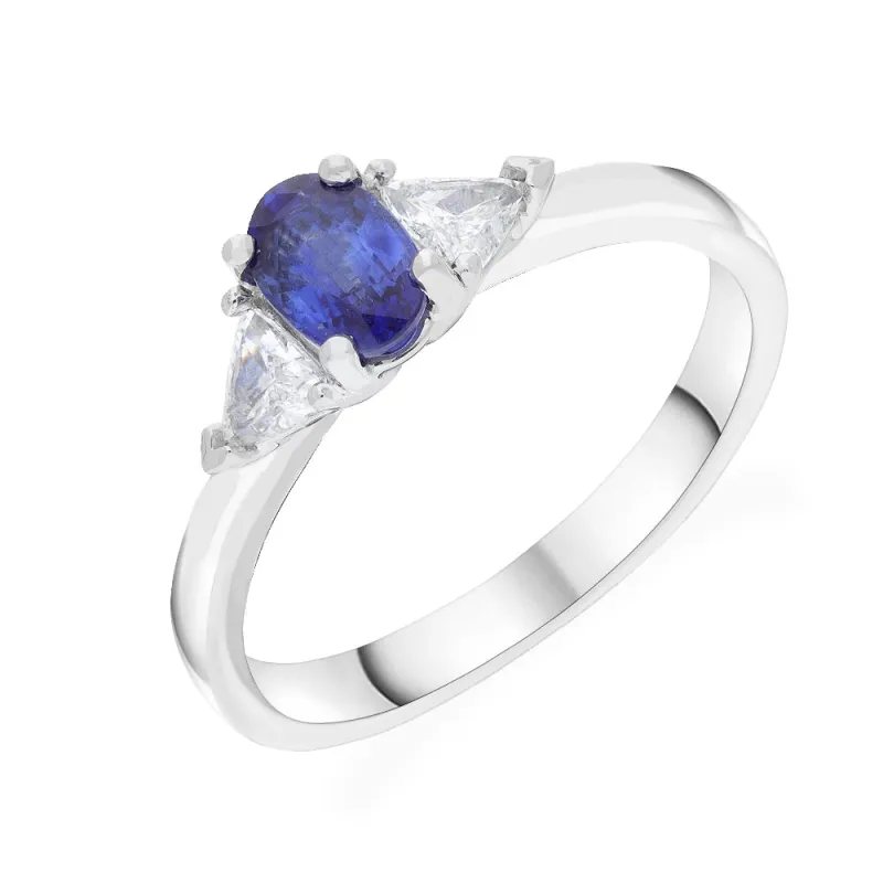 18ct White Gold Diamond and Sapphire 3 Stone Claw Oval Centre Trilogy Ring sold by Jura Watches