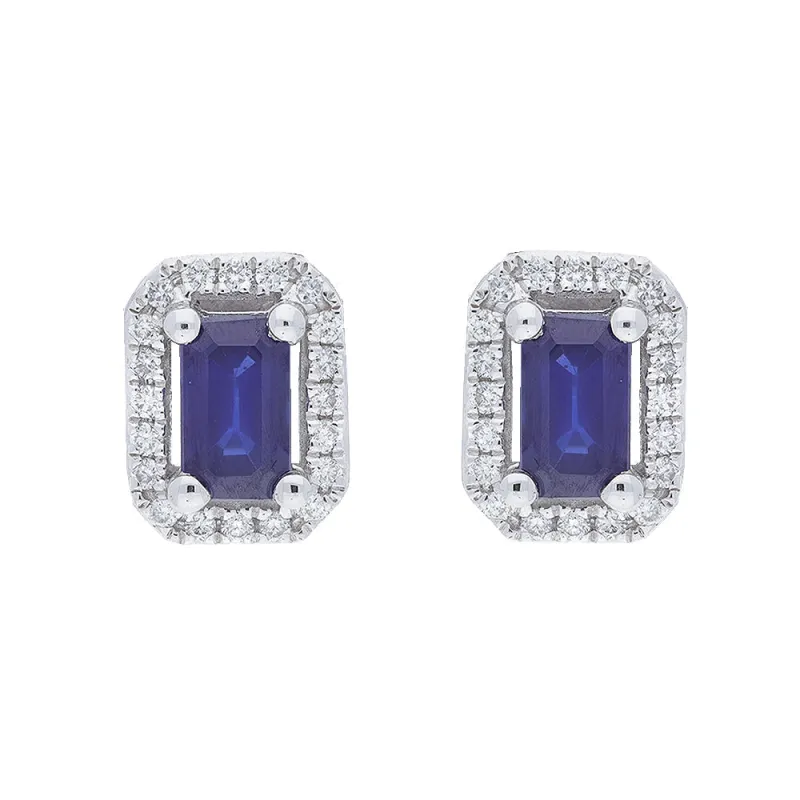 18ct White Gold 0.12ct Diamond 0.71ct Sapphire Ecut Claw Pavé Cluster Earrings sold by Jura Watches
