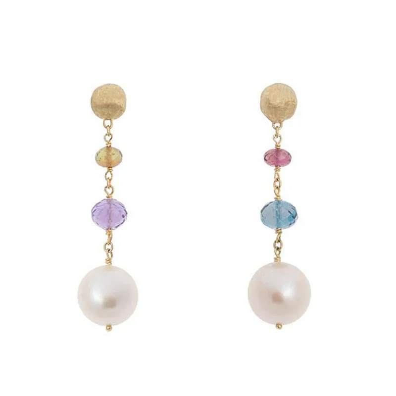 Marco Bicego Africa 18ct Yellow Gold Pearl Mixed Gemstone Drop Earrings sold by Jura Watches