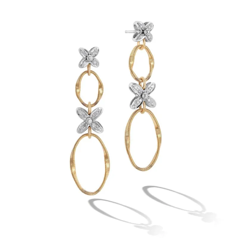 Marco Bicego Marrakech Onde 18ct Yellow Gold Diamond Flower Long Drop Earrings sold by Jura Watches