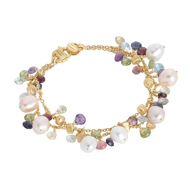 Marco Bicego Paradise 18ct Yellow Gold Pearl and Multicolour Gemstone Two Strand Bracelet sold by Jura Watches