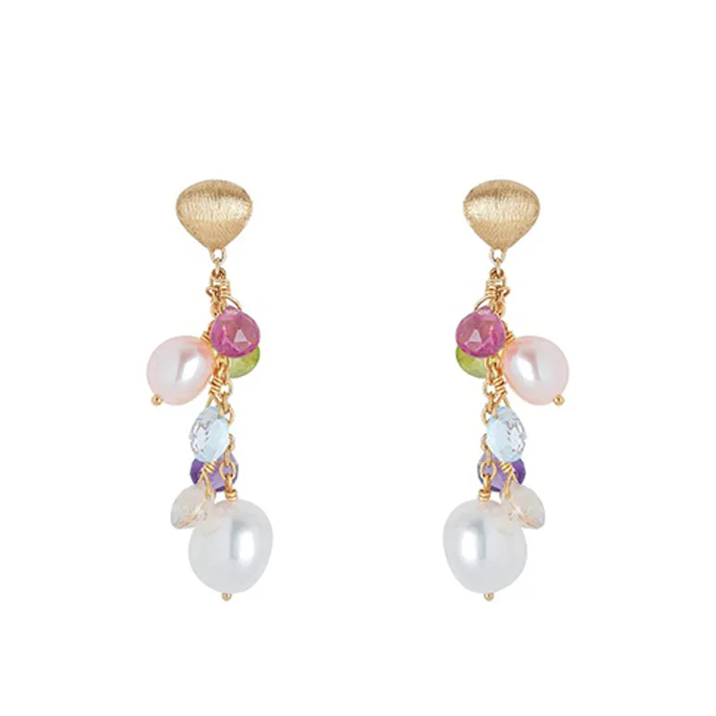Marco Bicego Paradise 18ct Yellow Gold Pearl and Multicolour Gemstone Drop Earrings sold by Jura Watches