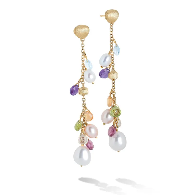 Marco Bicego Paradise 18ct Yellow Gold Pearl and Multicolour Gemstone Long Drop Earrings sold by Jura Watches