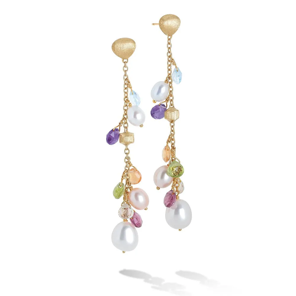 Marco Bicego Paradise 18ct Yellow Gold Pearl and Multicolour Gemstone Long Drop Earrings sold by Jura Watches