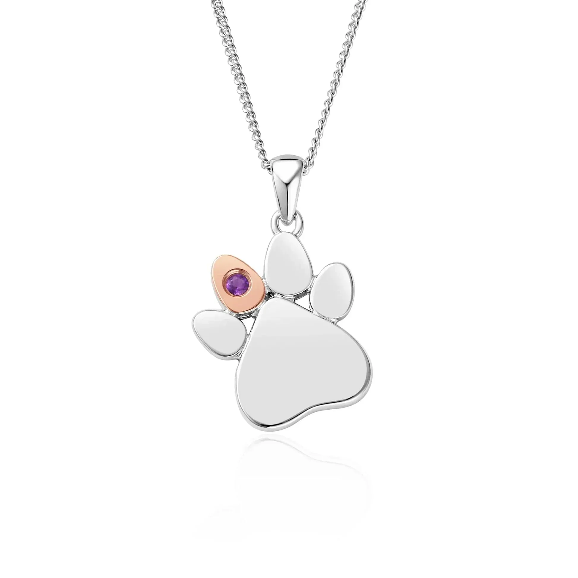 Clogau Paw Prints On My Heart Sterling Silver February Birthstone Amethyst Necklace sold by Jura Watches