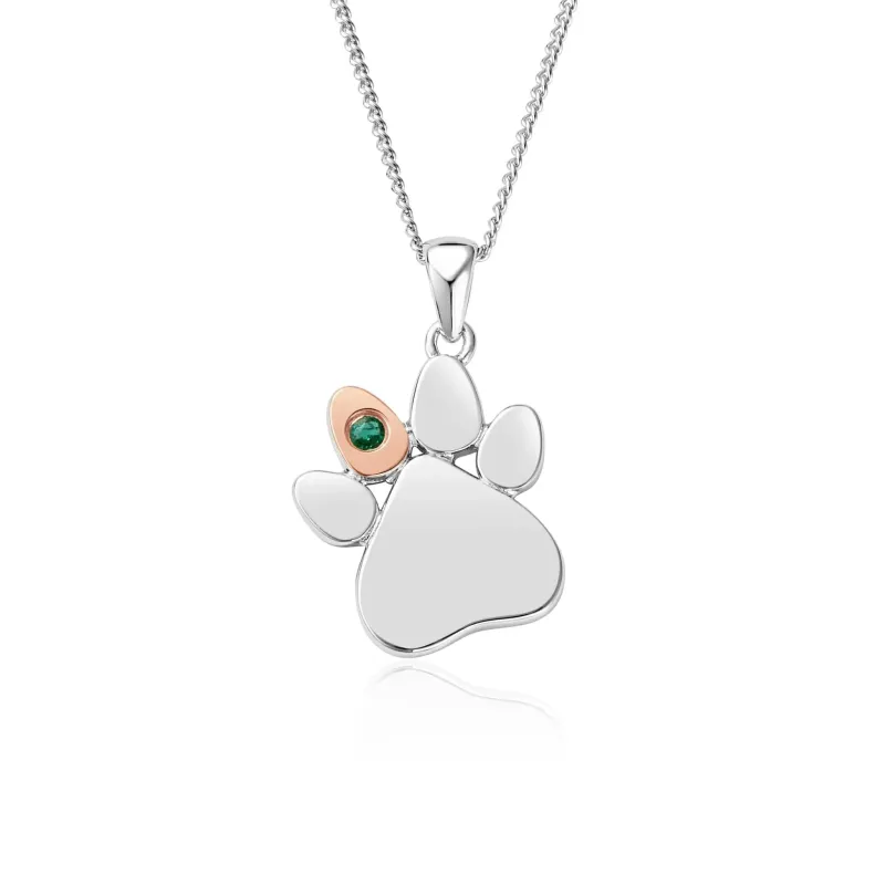 Clogau Paw Prints On My Heart Sterling Silver May Birthstone Emerald Necklace sold by Jura Watches