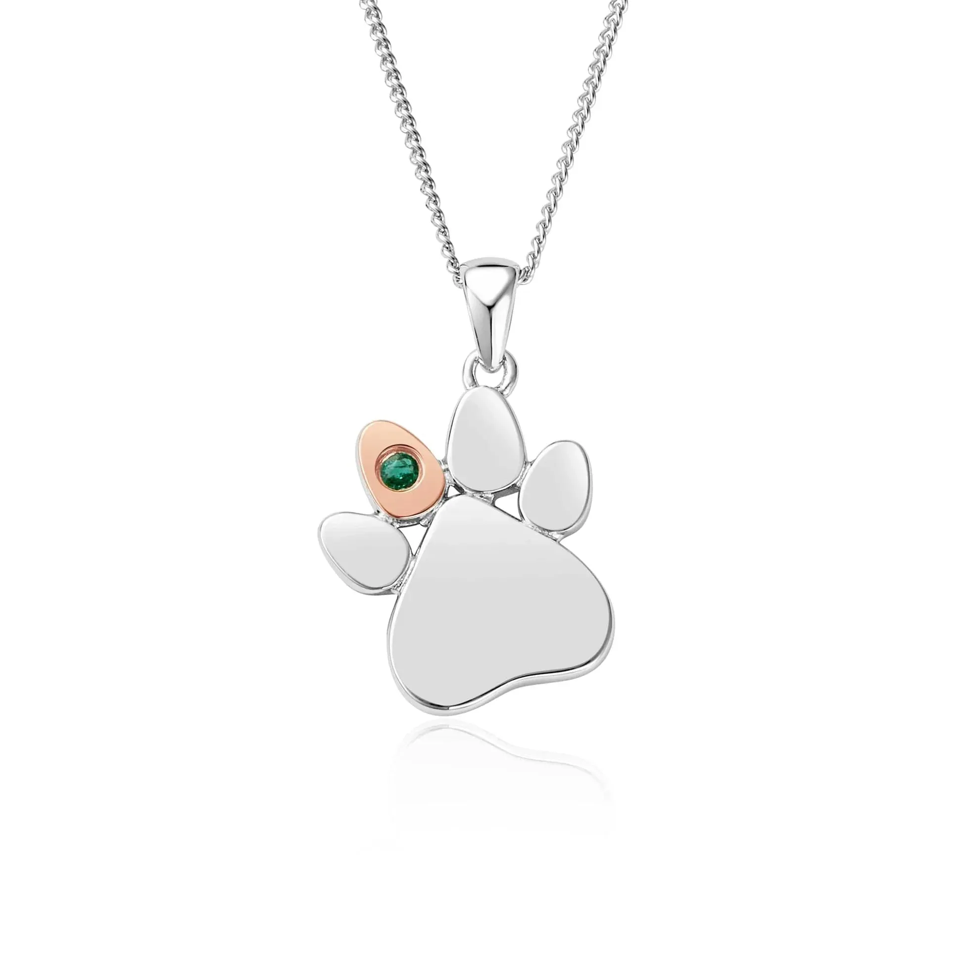 Clogau Paw Prints On My Heart Sterling Silver May Birthstone Emerald Necklace sold by Jura Watches