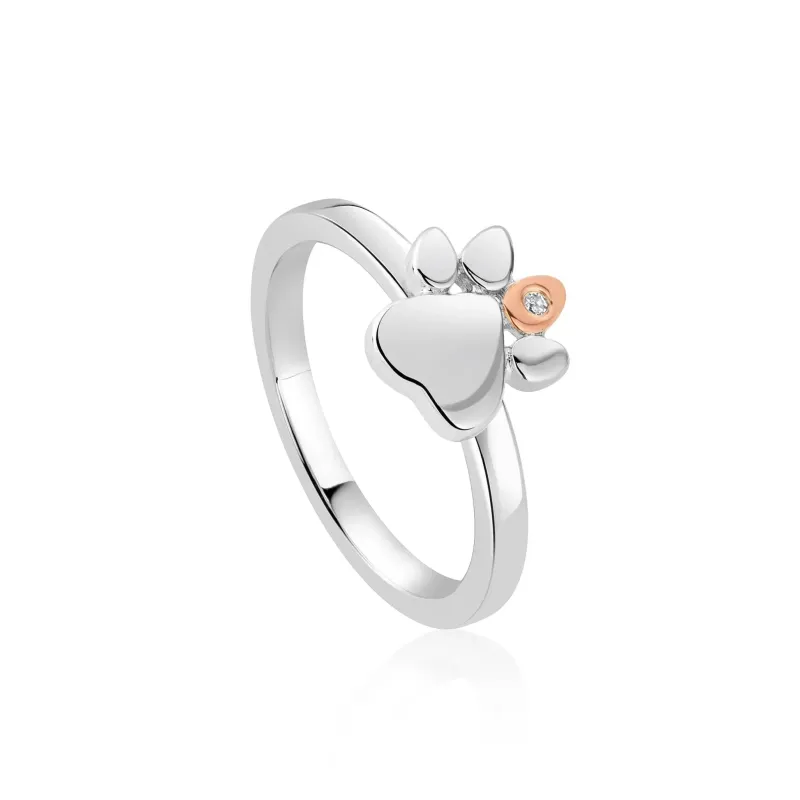 Clogau Paw Prints On My Heart Sterling Silver White Topaz Ring sold by Jura Watches