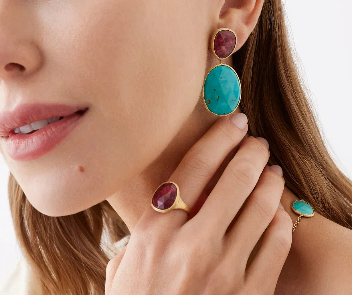 Marco Bicego Lunaria Colour 18ct Yellow Gold Turquoise & Thulite Double Drop Earrings sold by Jura Watches product image thumbnail 3