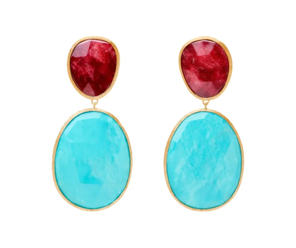 Marco Bicego Lunaria Colour 18ct Yellow Gold Turquoise & Thulite Double Drop Earrings sold by Jura Watches