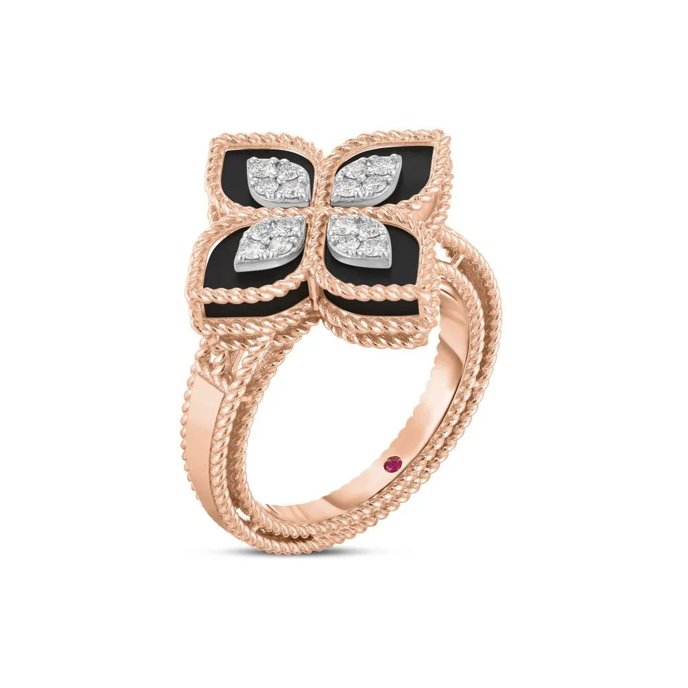 Roberto Coin Princess Flower 18ct Rose Gold Diamond Black Jade Ring sold by Jura Watches