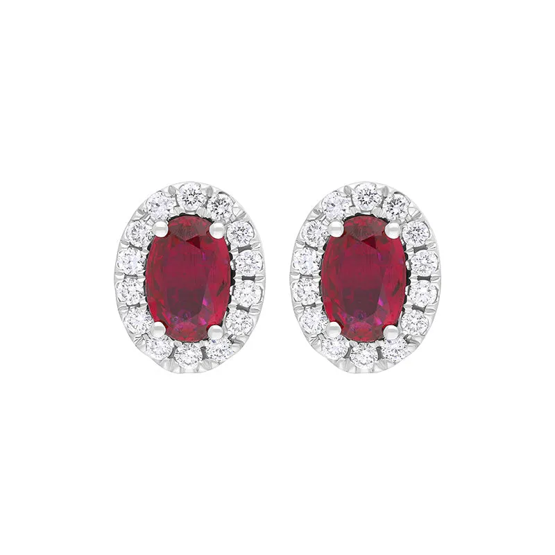 18ct White Gold Ruby Diamond Oval Cluster Stud Earrings sold by Jura Watches