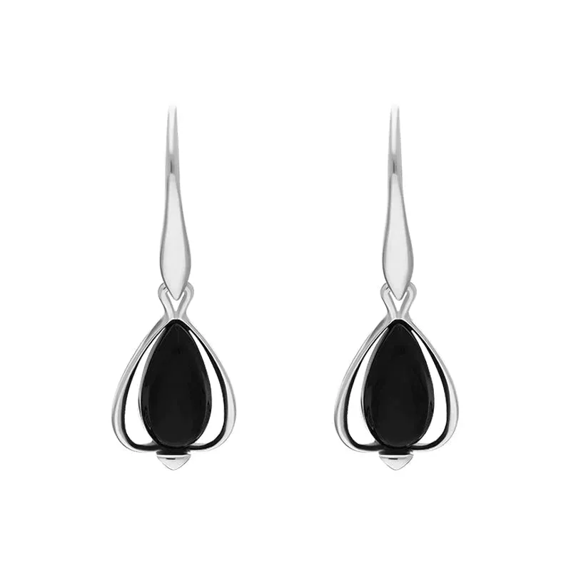Sterling Silver Whitby Jet Open Side Pear Drop Earrings sold by Jura Watches