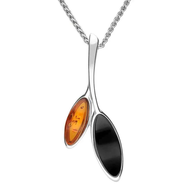 Sterling Silver Whitby Jet Amber Two Leaf Drop Necklace sold by Jura Watches