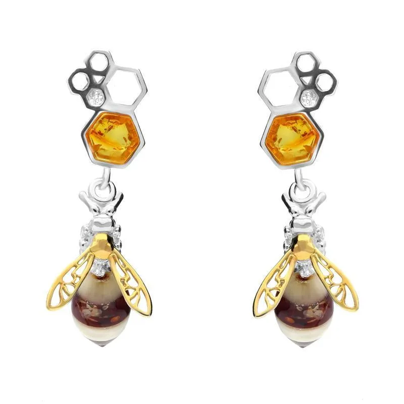 9ct Yellow Gold Sterling Silver Amber Bee and Honeycomb Drop Earrings sold by Jura Watches