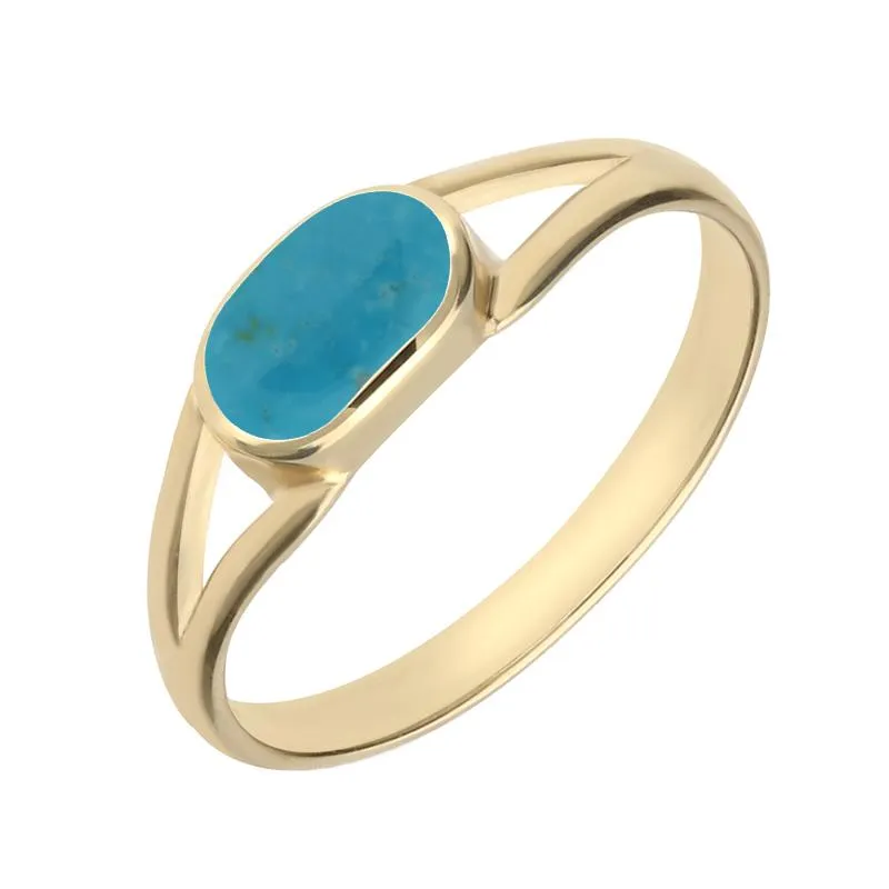 9ct Yellow Gold Turquoise Oval Split Shank Ring sold by Jura Watches
