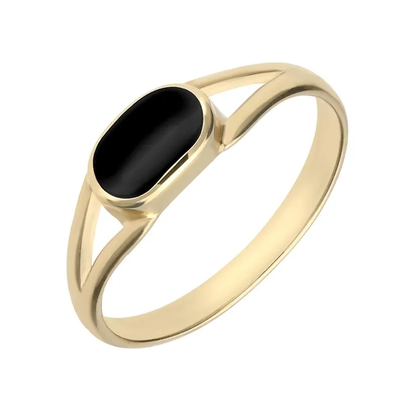 9ct Yellow Gold Whitby Jet Oval Split Shank Ring sold by Jura Watches