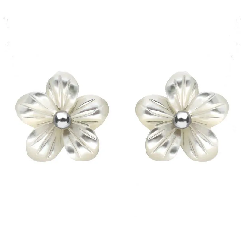 Sterling Silver White Mother of Pearl Large Tuberose 10mm Pansy Stud Earrings sold by Jura Watches