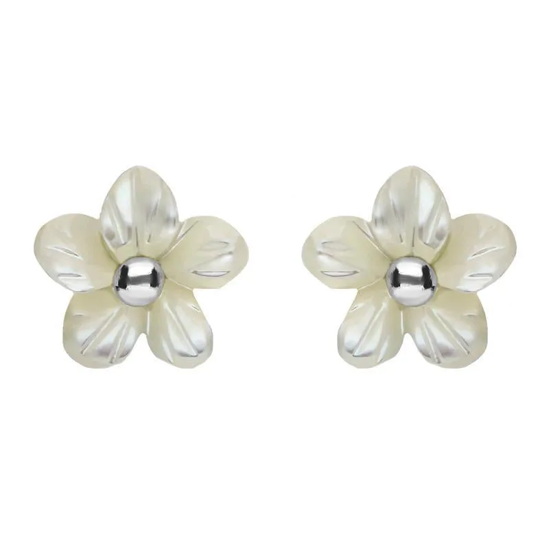Sterling Silver White Mother of Pearl Tuberose 8mm Pansy Stud Earrings sold by Jura Watches