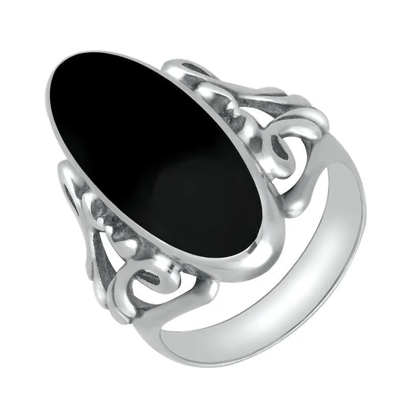 Sterling Silver Whitby Jet  Oval Carved Edge Ring sold by Jura Watches