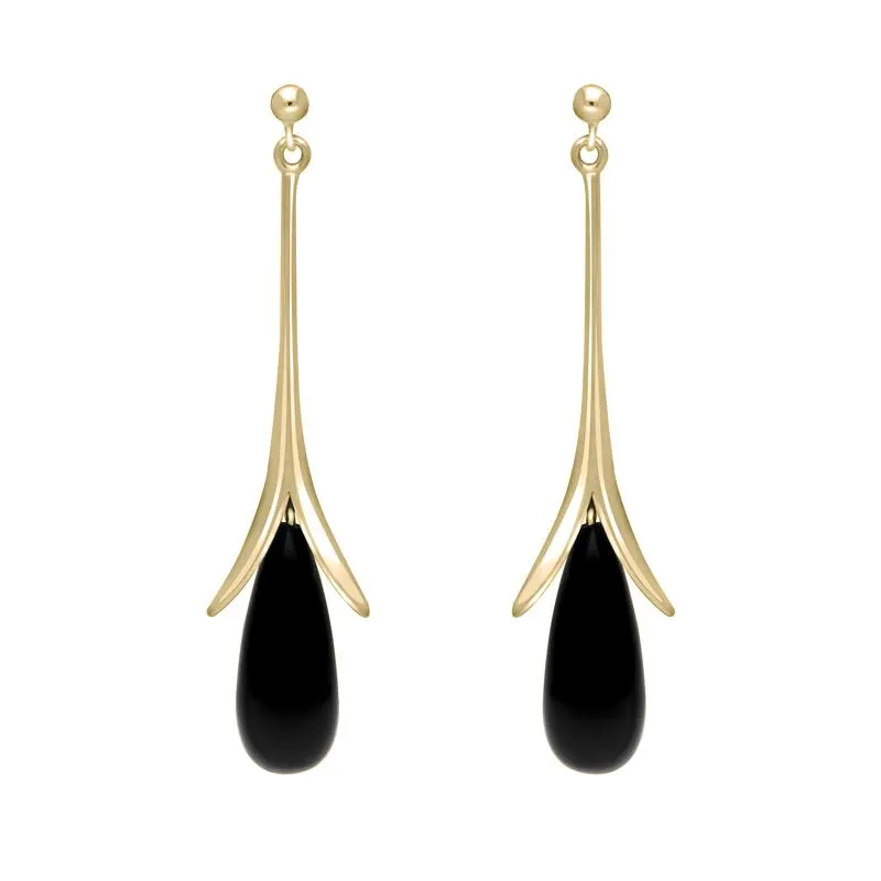 9ct yellow Gold Whitby Jet Split Flute Dropper Earrings sold by Jura Watches