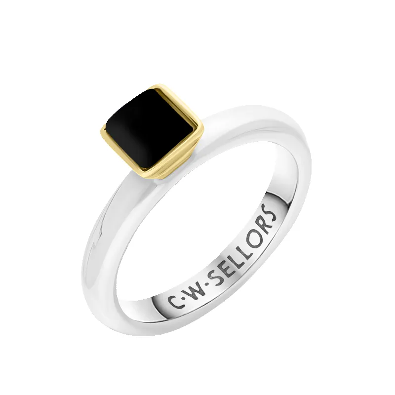 9ct Yellow Gold Sterling Silver Whitby Jet Stepping Stones 5mm Square Bezel Set Ring sold by Jura Watches