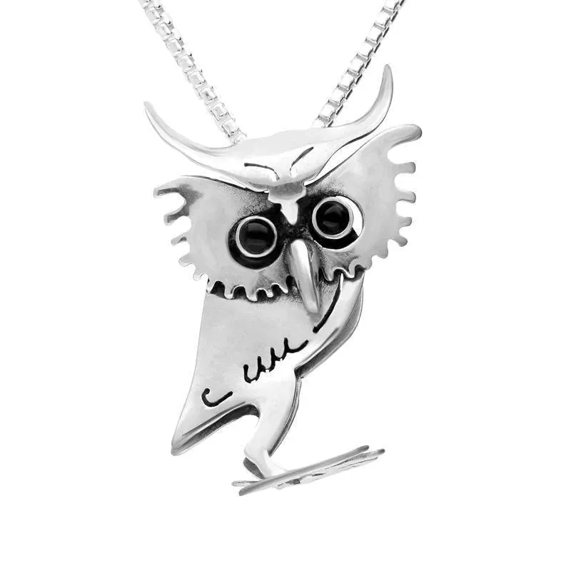 Sterling Silver Whitby Jet Small Three Dimensional Owl Necklace sold by Jura Watches