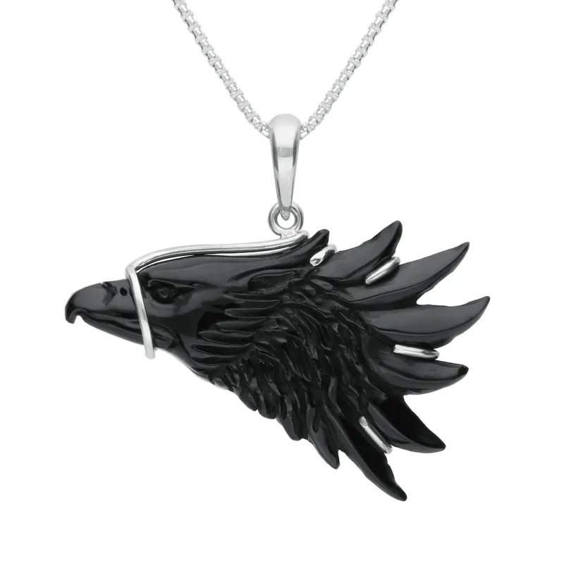 Sterling Silver Whitby Jet Carved Eagle Head Necklace sold by Jura Watches