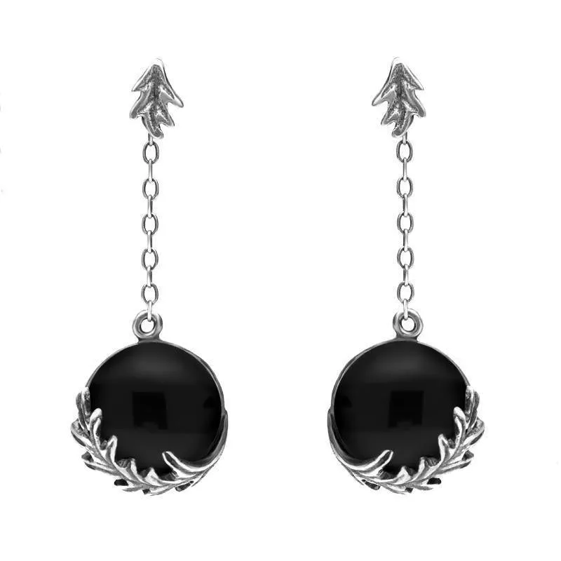 Sterling Silver Whitby Jet Acanthus Leaf Round Chain Drop Earrings sold by Jura Watches