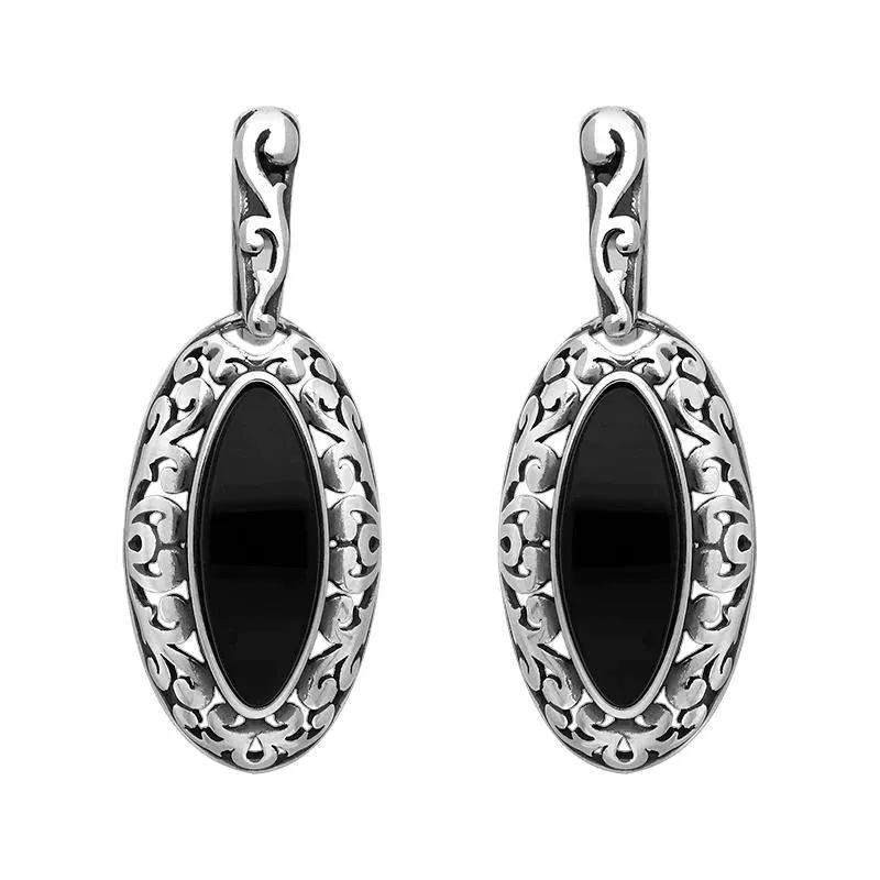 Sterling Silver Whitby Jet Marquise Pierced Frame Earrings sold by Jura Watches