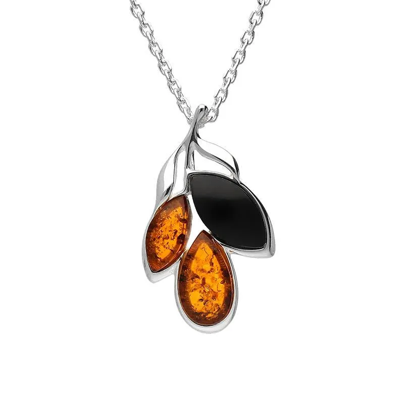 Sterling Silver Whitby Jet Amber Three Stone Leaf Necklace sold by Jura Watches