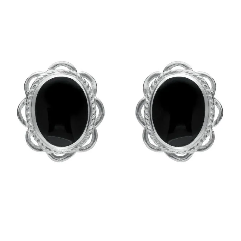 Sterling Silver Whitby Jet Large Rope Oval Frill Stud Earrings sold by Jura Watches