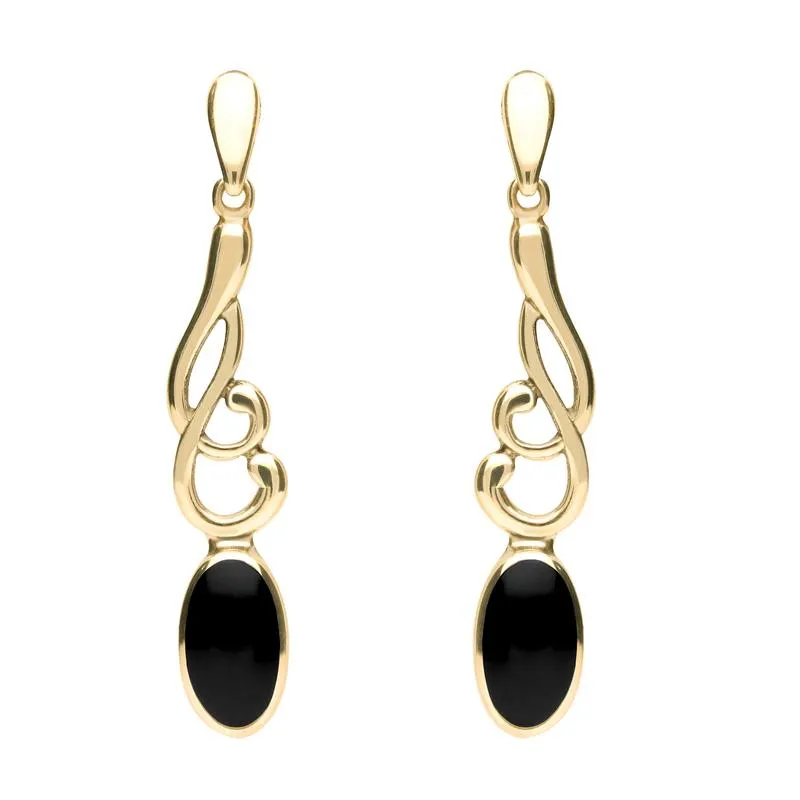 9ct Yellow Gold Whitby Jet Scroll Drop Earrings sold by Jura Watches